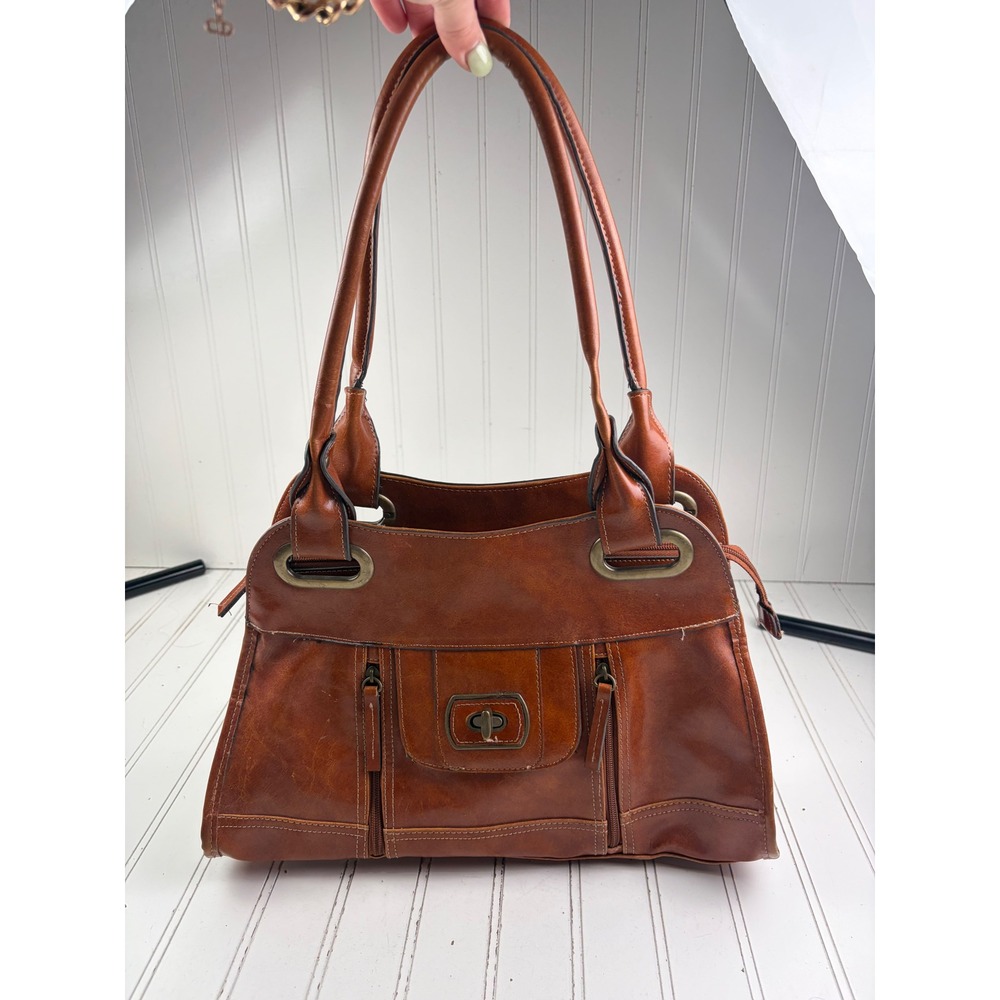 Vintage Y2K Cognac Brown Leather Multi-Pocket Shoulder Bag Satchel Purse - Picture 12 of 12
